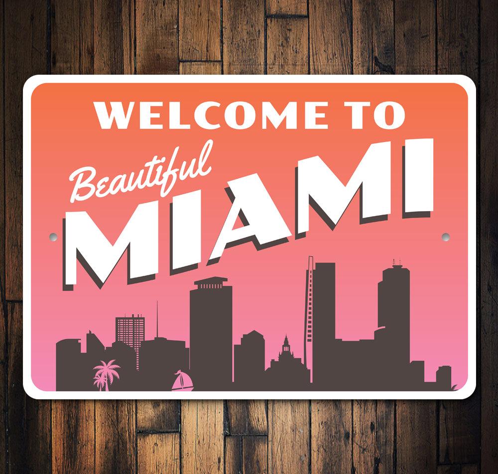 Beautiful Miami Sign made of high-quality aluminum, featuring vibrant colors and a stylish design, perfect for home decor.