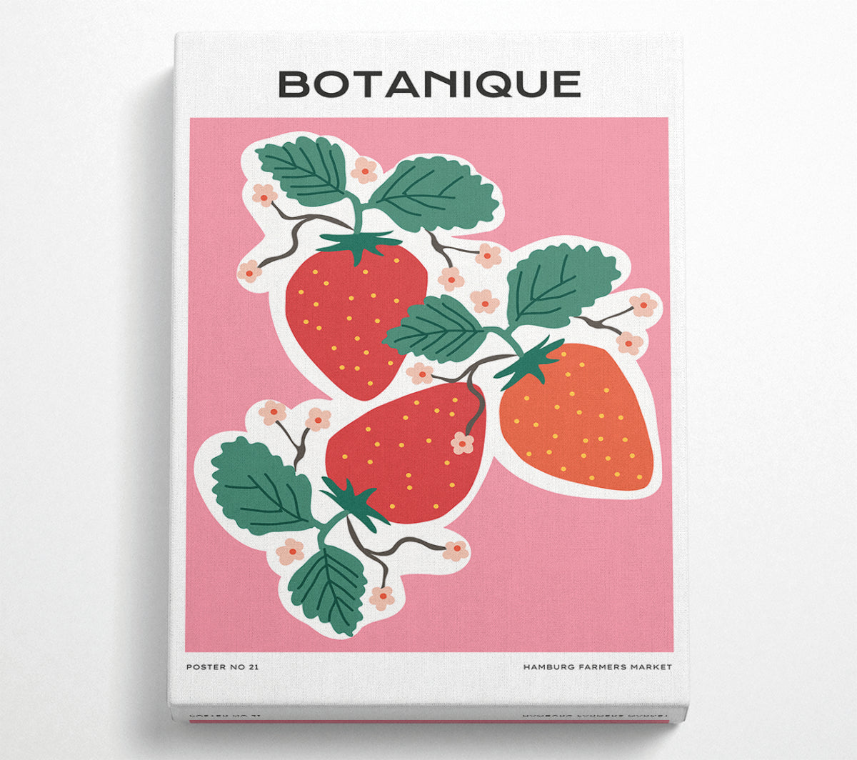 A vibrant canvas art piece featuring beautiful red strawberries, mounted on a sturdy 44mm box frame, ready to hang.