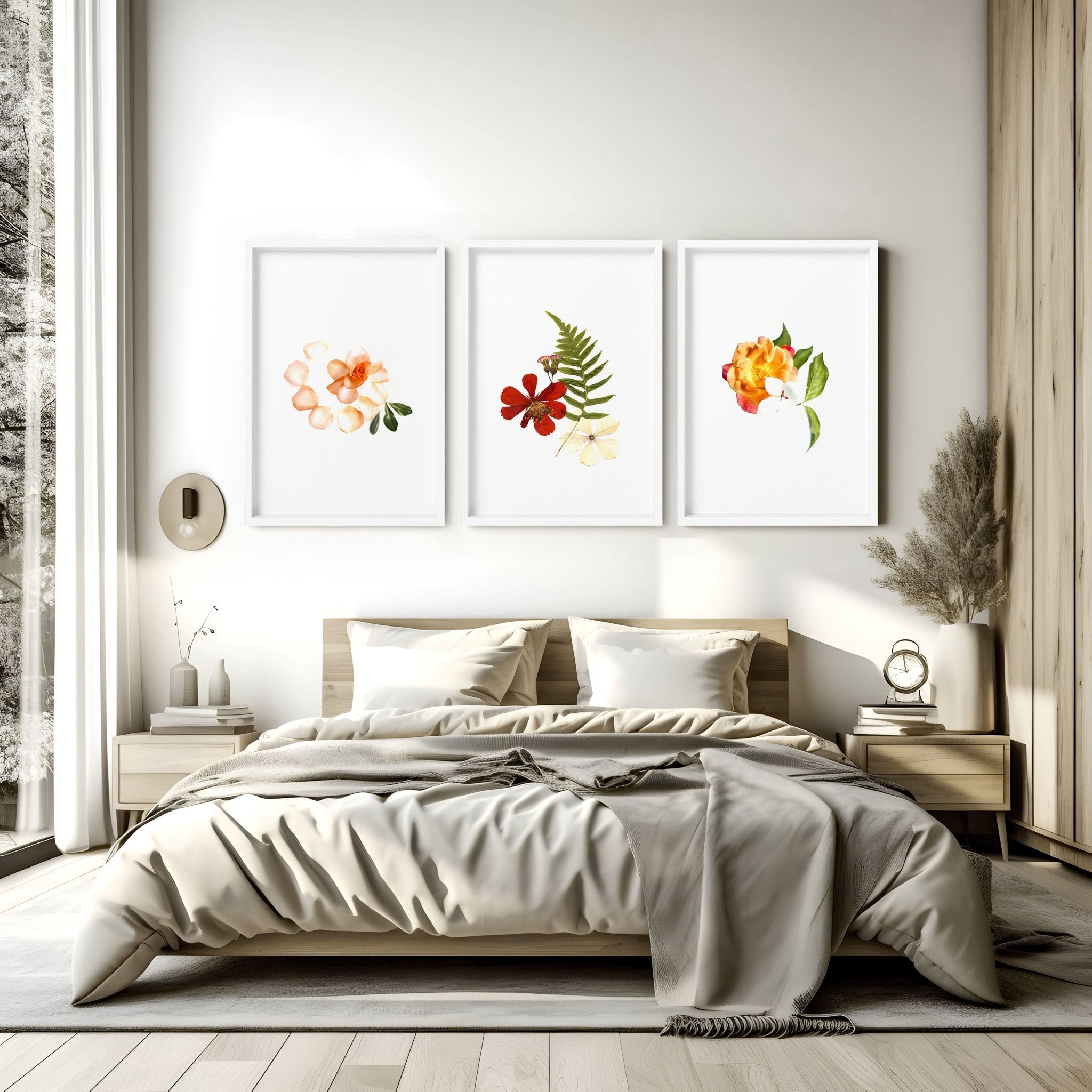 Set of 3 framed wall art prints featuring vibrant Shabby Chic Florals in Red, Yellow, and Green tones, perfect for bedroom decor.