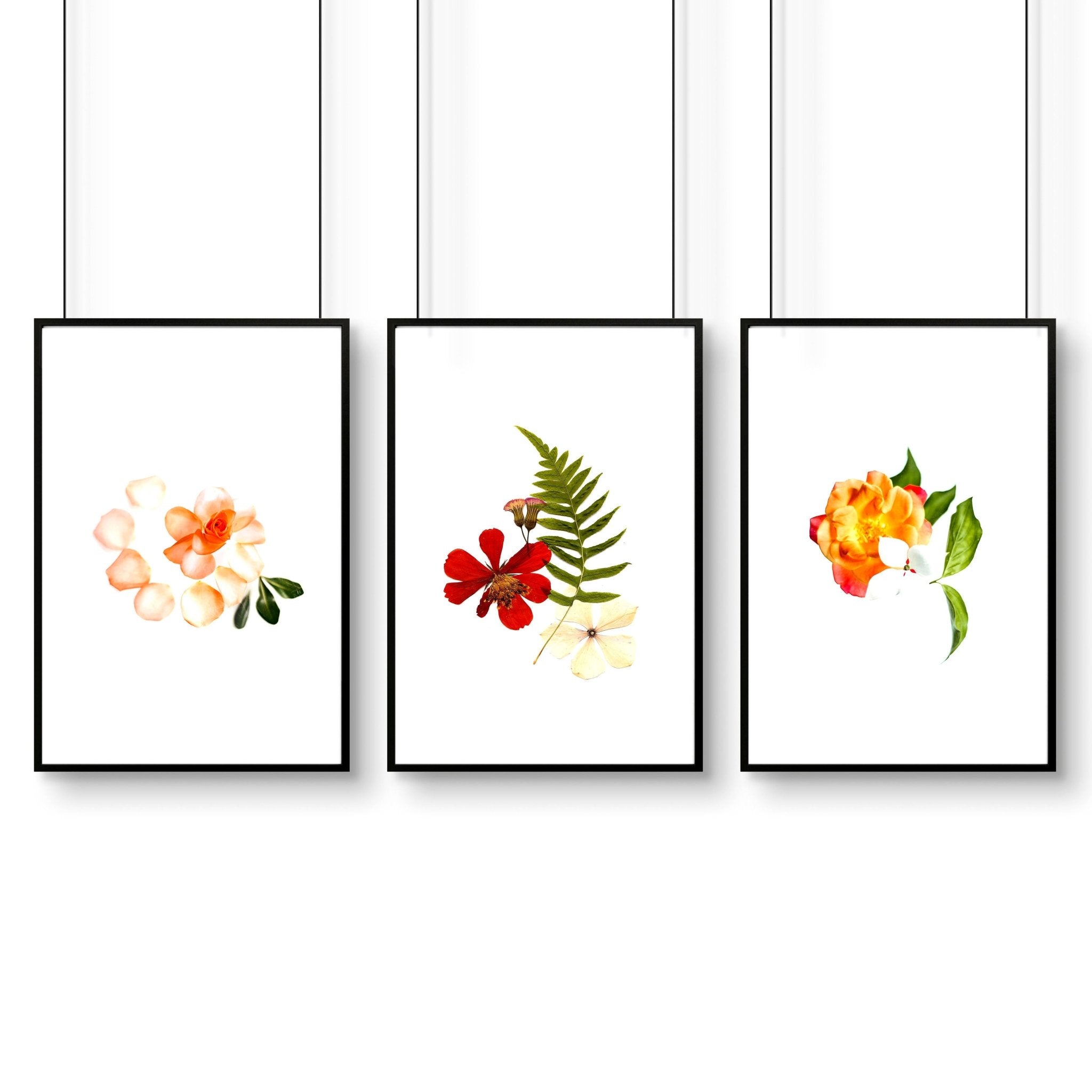 Set of 3 framed wall art prints featuring vibrant Shabby Chic Florals in Red, Yellow, and Green tones, perfect for bedroom decor.