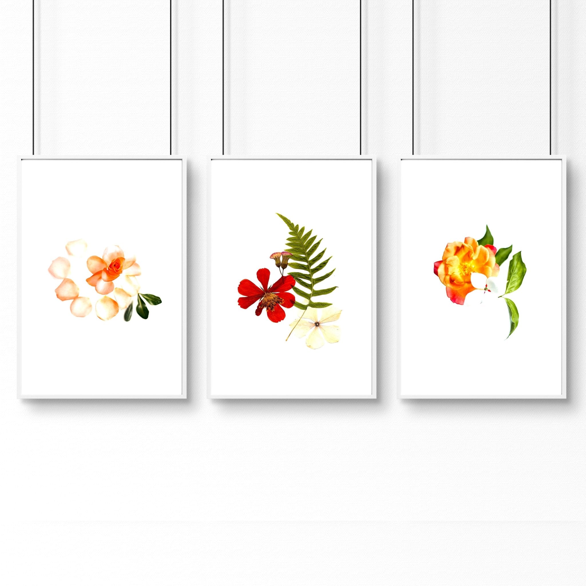 Set of 3 framed wall art prints featuring vibrant Shabby Chic Florals in Red, Yellow, and Green tones, perfect for bedroom decor.