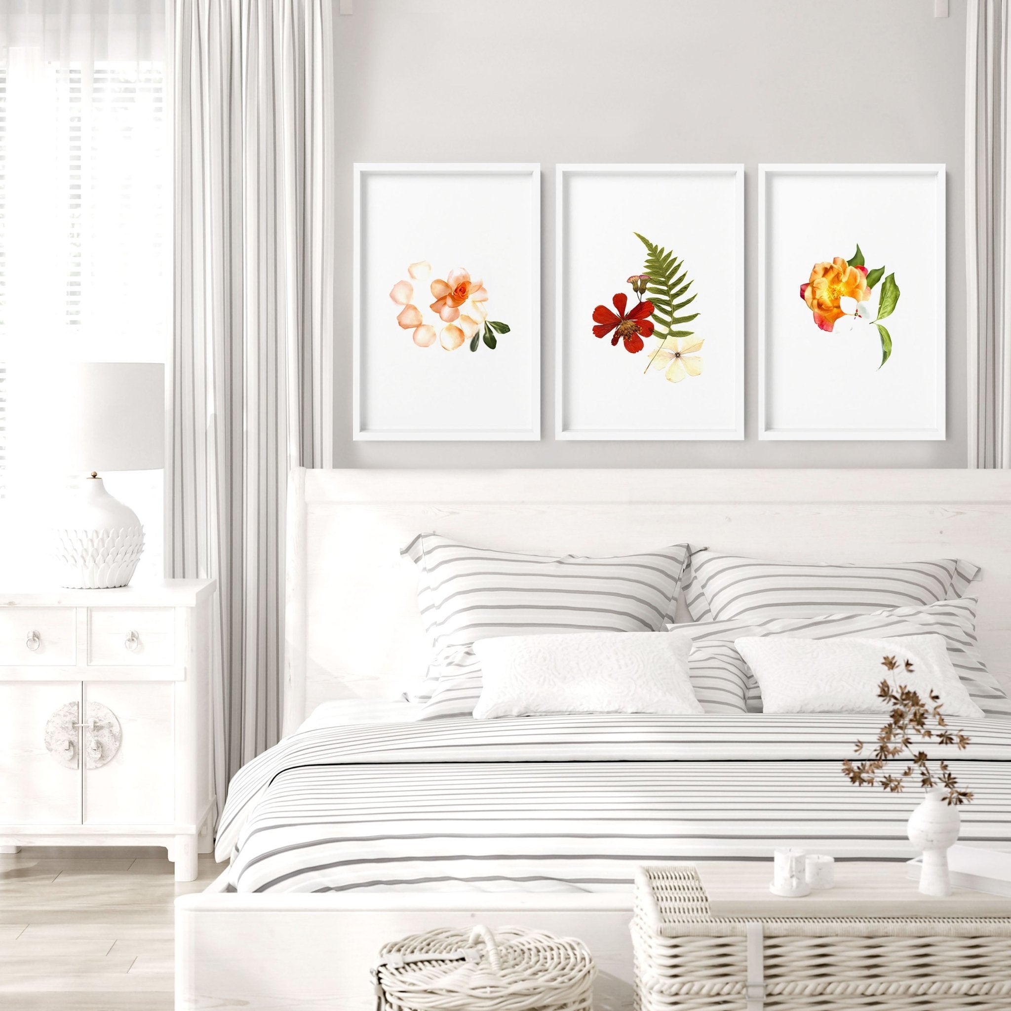 Set of 3 framed wall art prints featuring vibrant Shabby Chic Florals in Red, Yellow, and Green tones, perfect for bedroom decor.