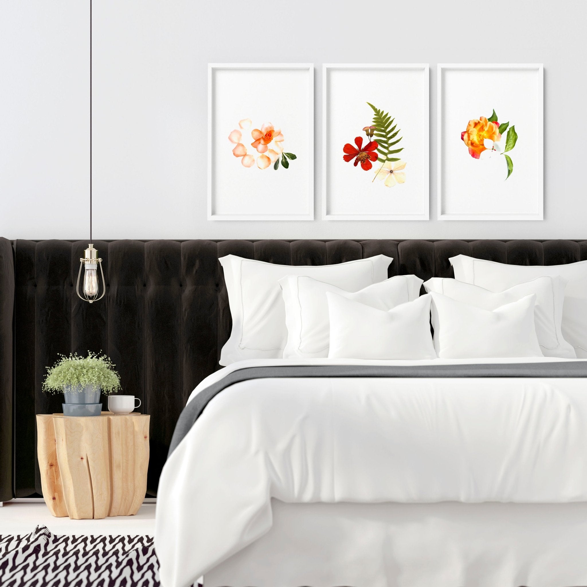 Set of 3 framed wall art prints featuring vibrant Shabby Chic Florals in Red, Yellow, and Green tones, perfect for bedroom decor.