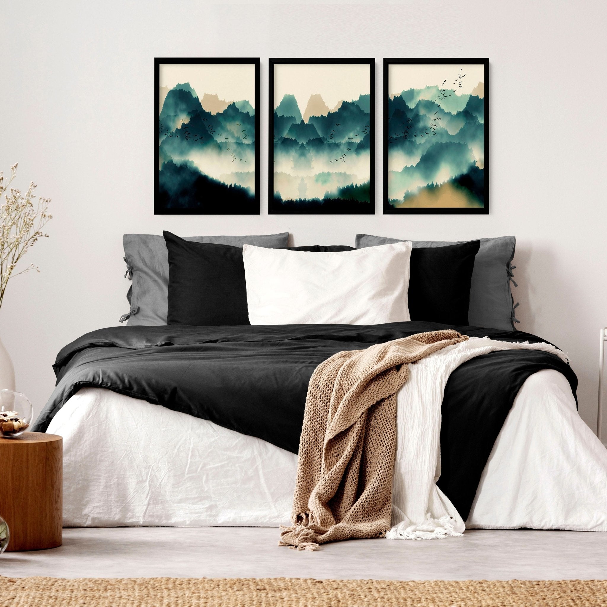 Set of 3 Scandinavian wall art prints featuring serene teal landscapes in watercolour style, perfect for home decor.