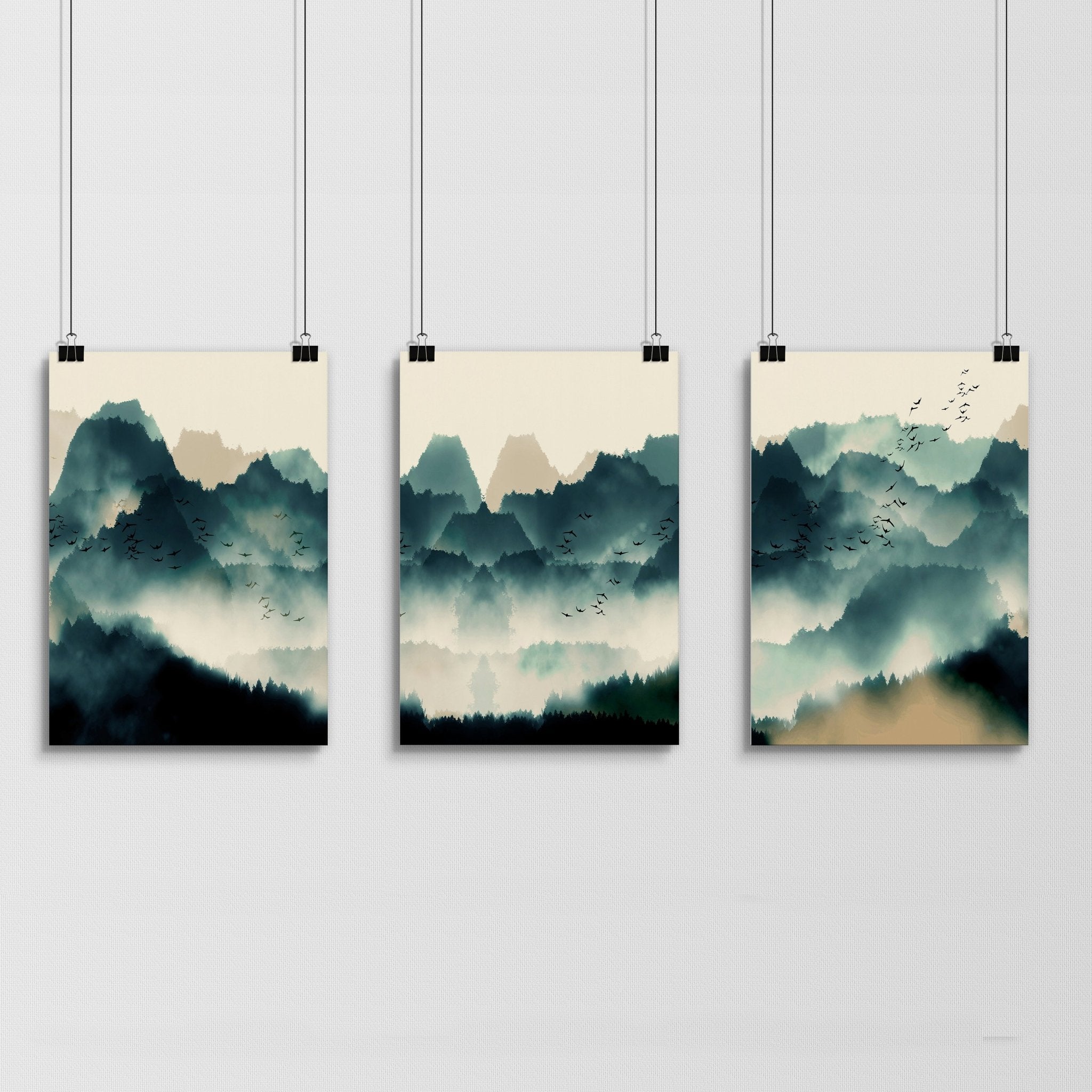 Set of 3 Scandinavian wall art prints featuring serene teal landscapes in watercolour style, perfect for home decor.