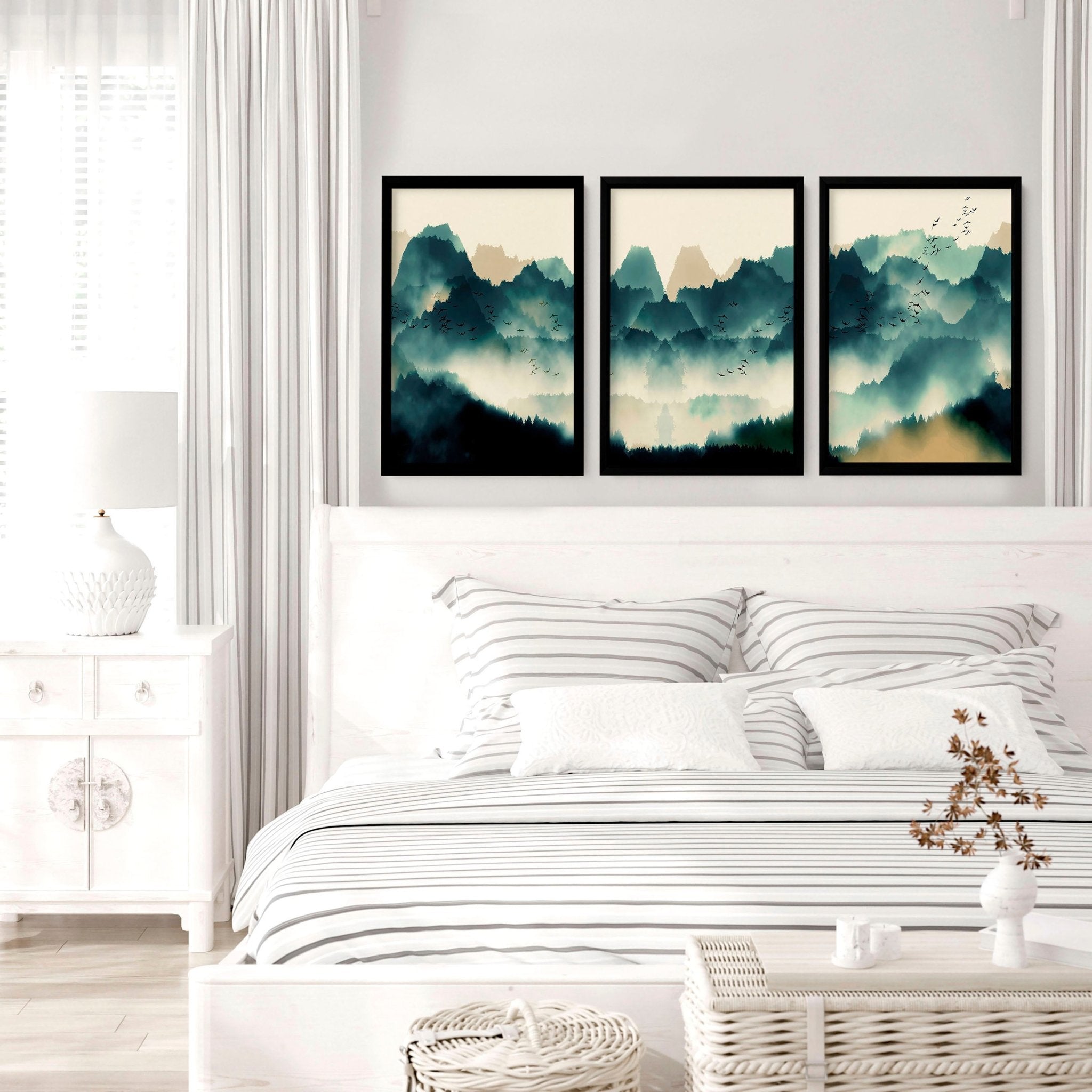 Set of 3 Scandinavian wall art prints featuring serene teal landscapes in watercolour style, perfect for home decor.