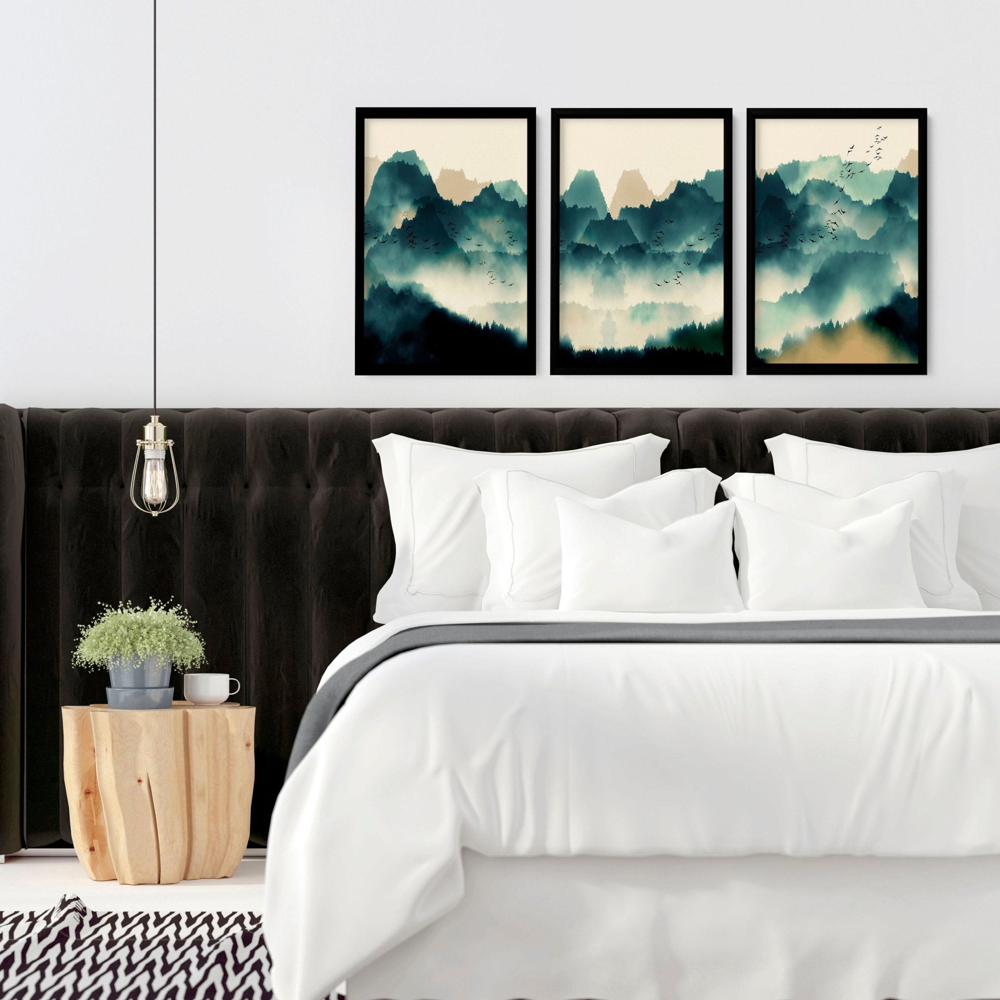 Set of 3 Scandinavian wall art prints featuring serene teal landscapes in watercolour style, perfect for home decor.