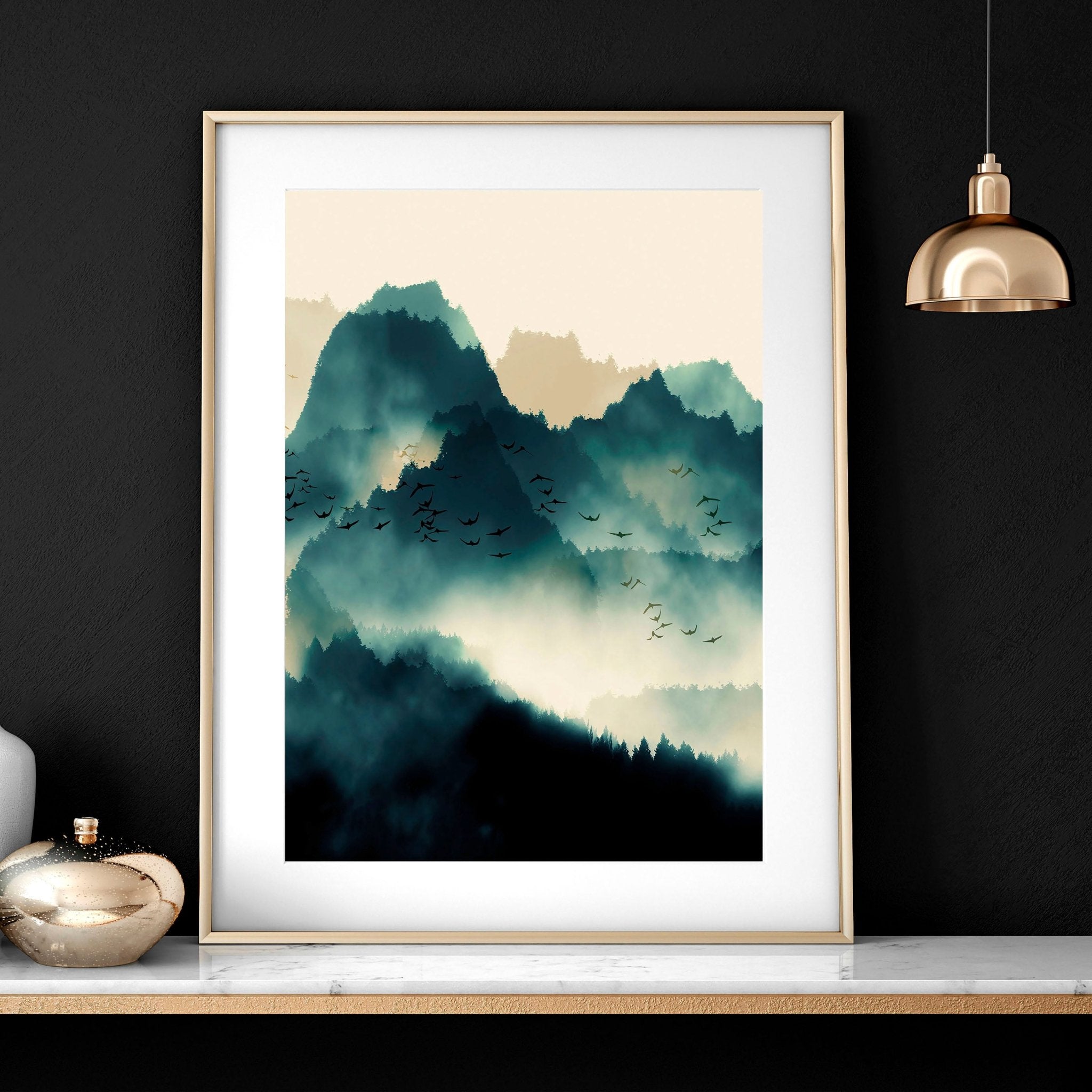Set of 3 Scandinavian wall art prints featuring serene teal landscapes in watercolour style, perfect for home decor.
