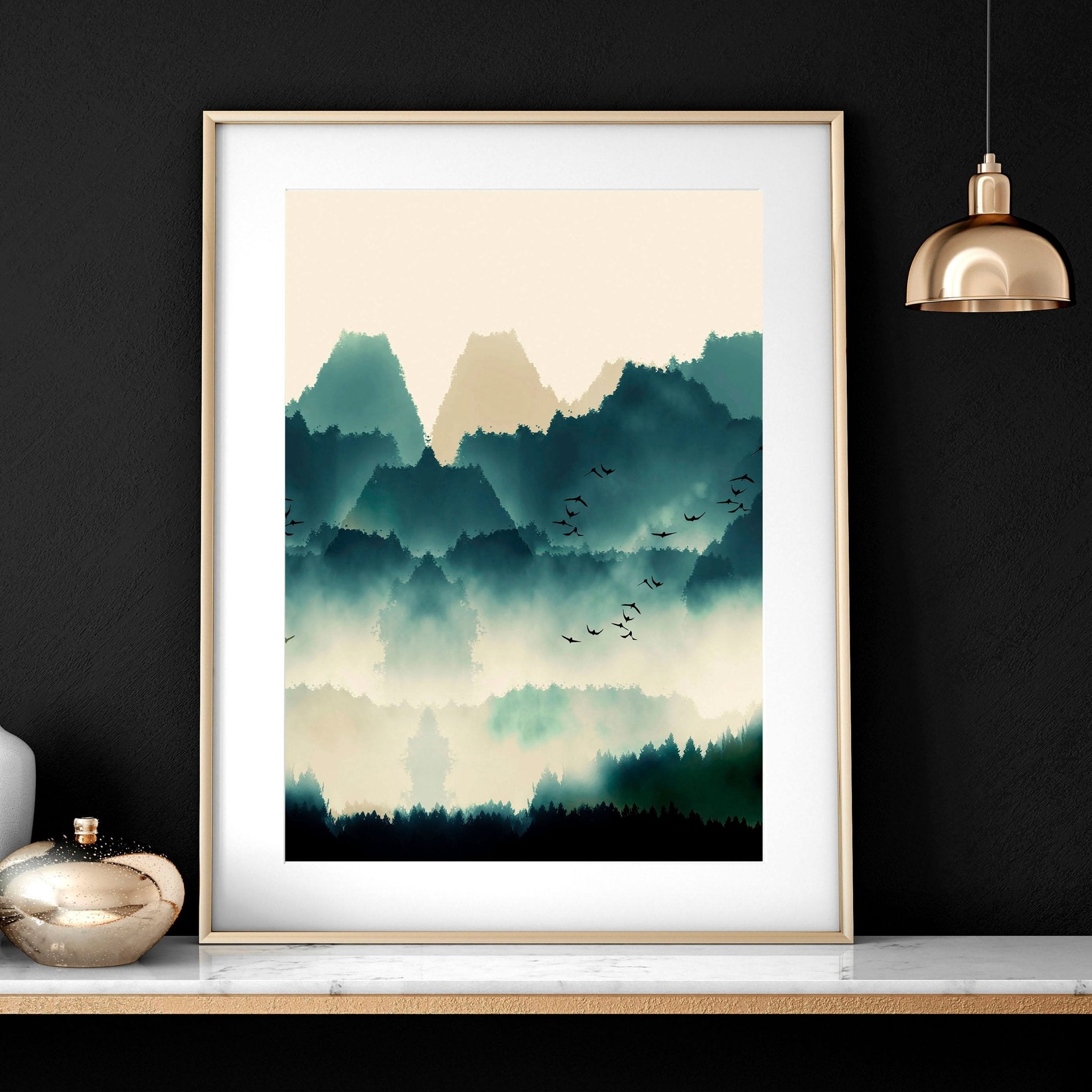 Set of 3 Scandinavian wall art prints featuring serene teal landscapes in watercolour style, perfect for home decor.