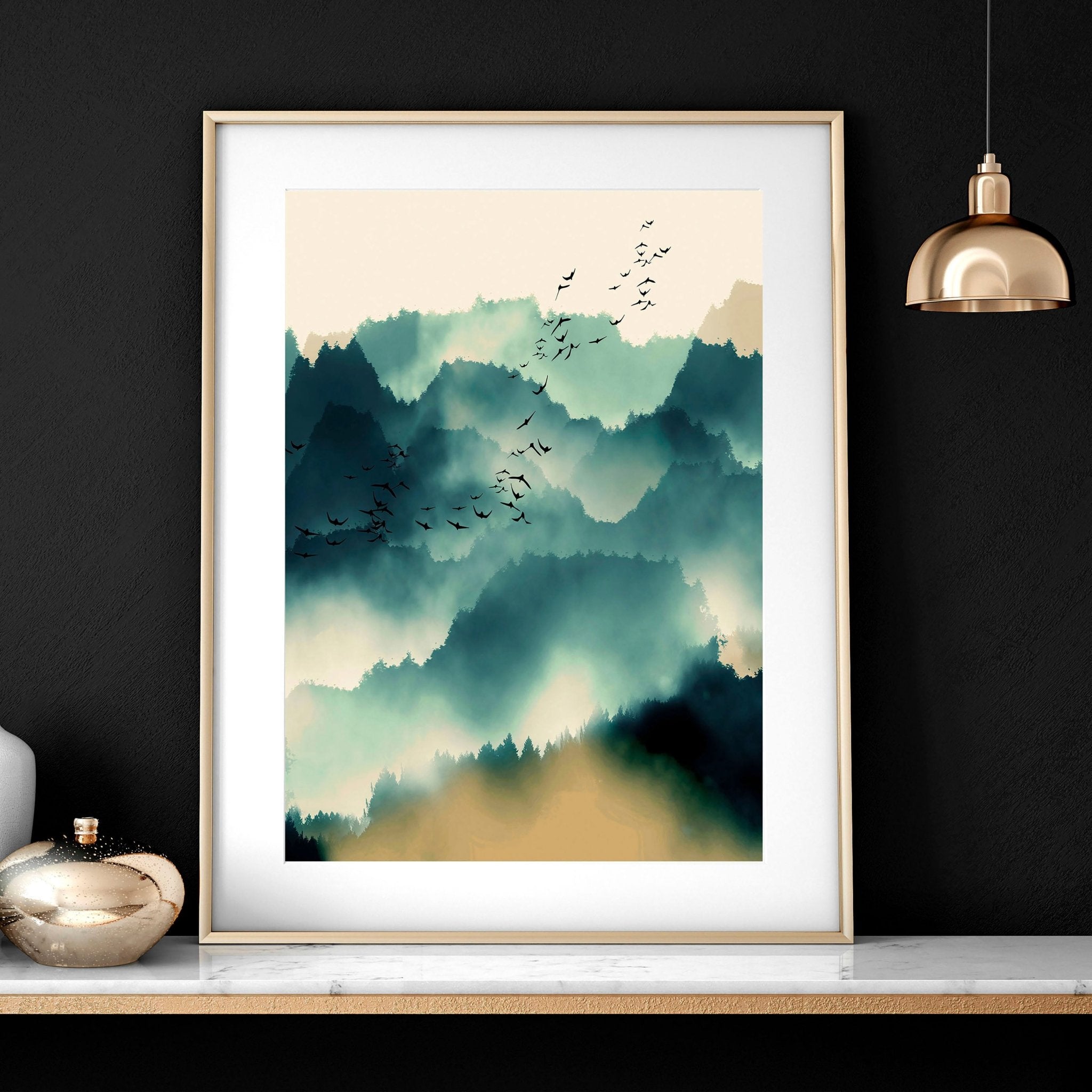 Set of 3 Scandinavian wall art prints featuring serene teal landscapes in watercolour style, perfect for home decor.