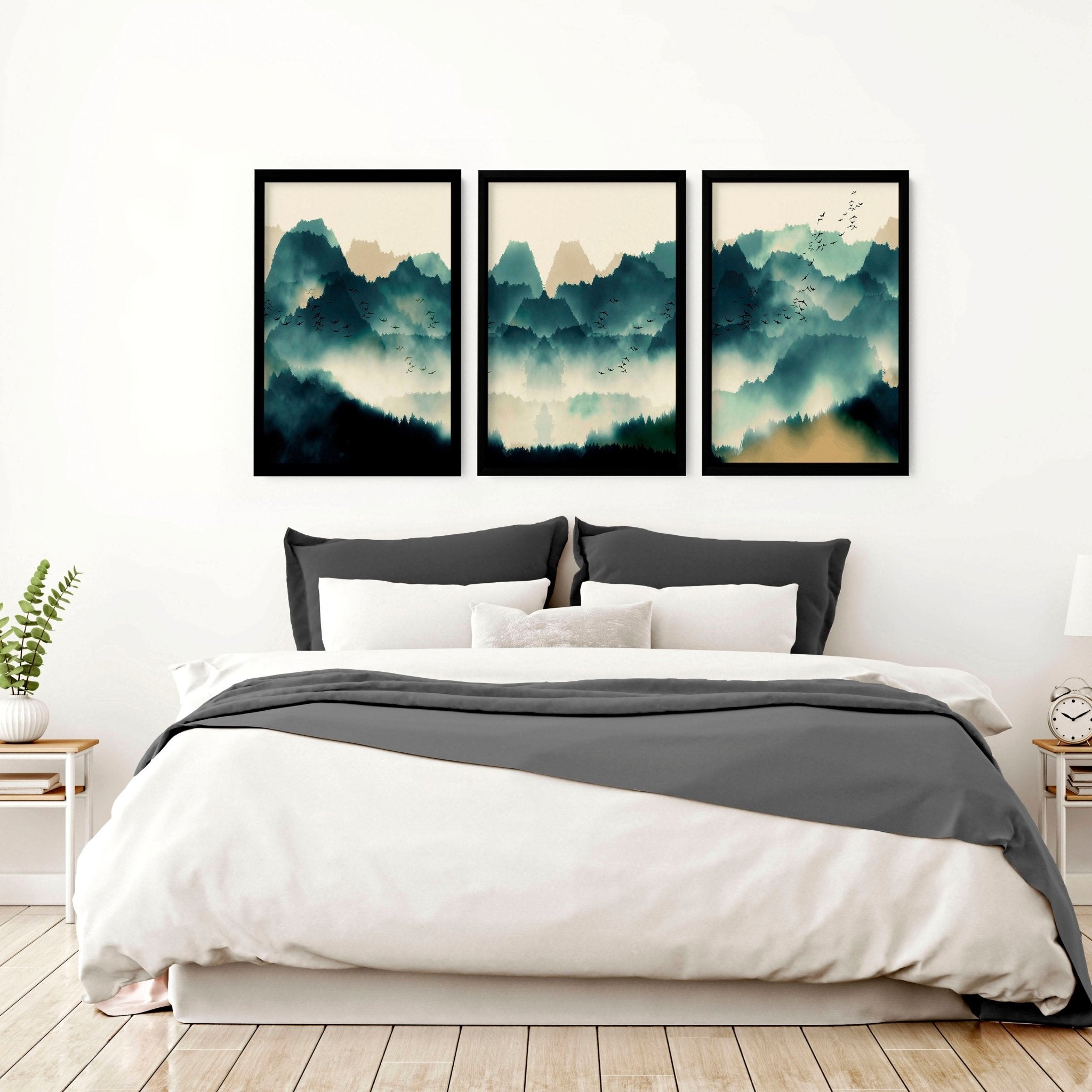 Set of 3 Scandinavian wall art prints featuring serene teal landscapes in watercolour style, perfect for home decor.