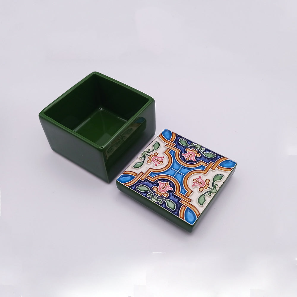 A beautifully handcrafted Beja Ceramic Box featuring intricate designs and vibrant colors, perfect for home decor.
