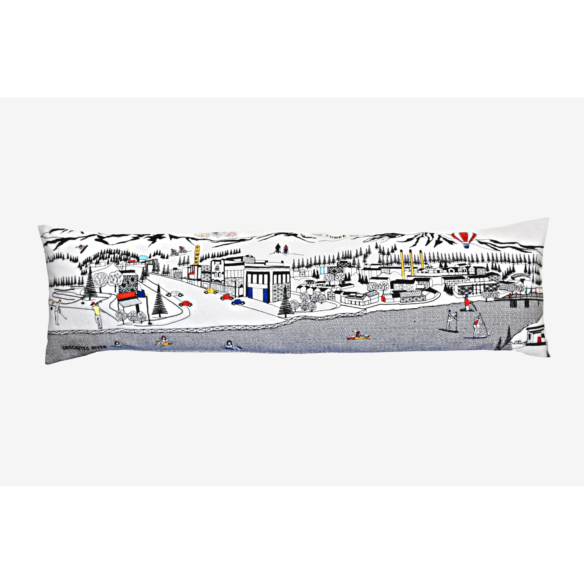 Bend Pillow featuring beautiful graphics inspired by Bend, Oregon, with a red zipper at the bottom.