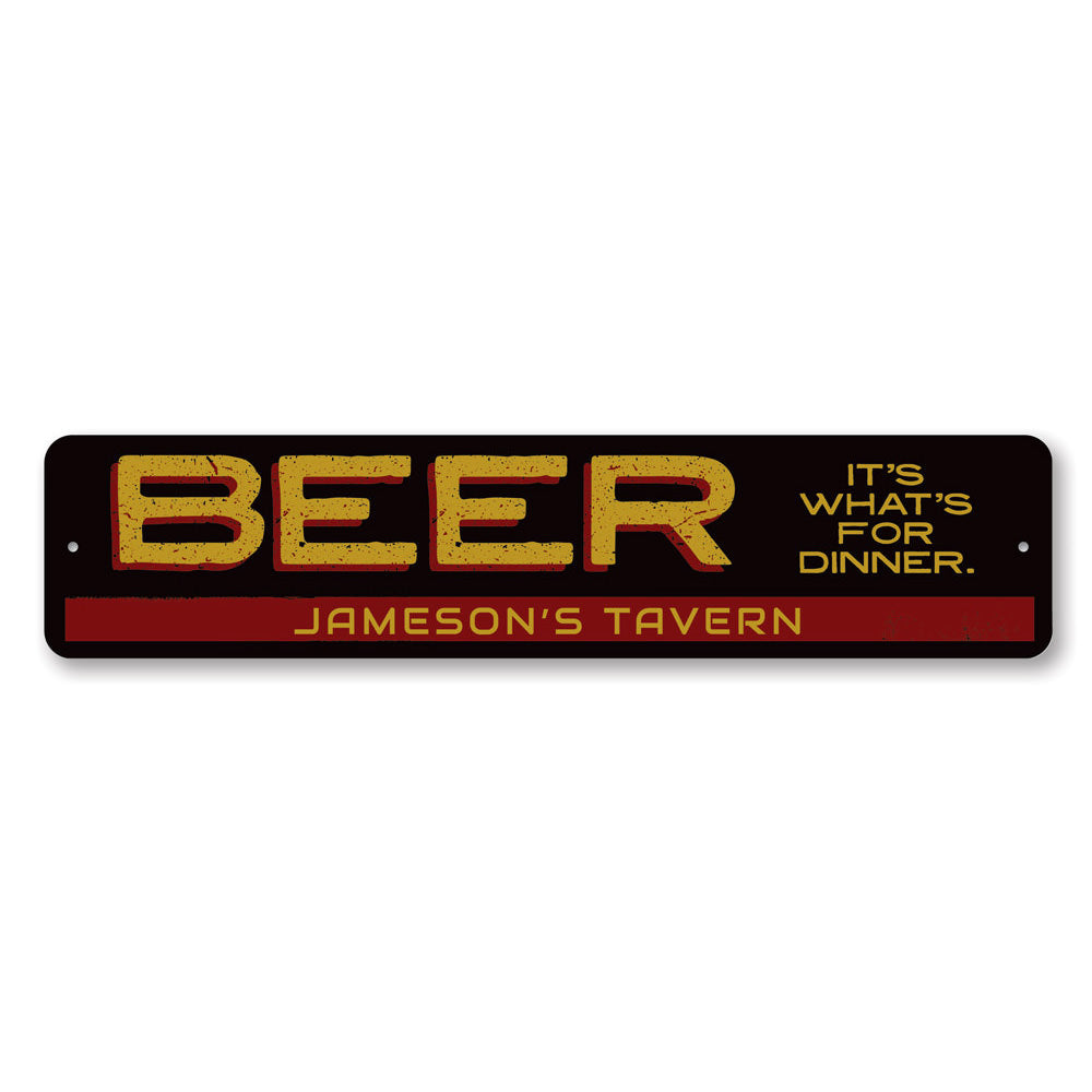 A humorous decorative sign reading 'Beer It's What's For Dinner', made of aluminum, suitable for kitchens and man caves.