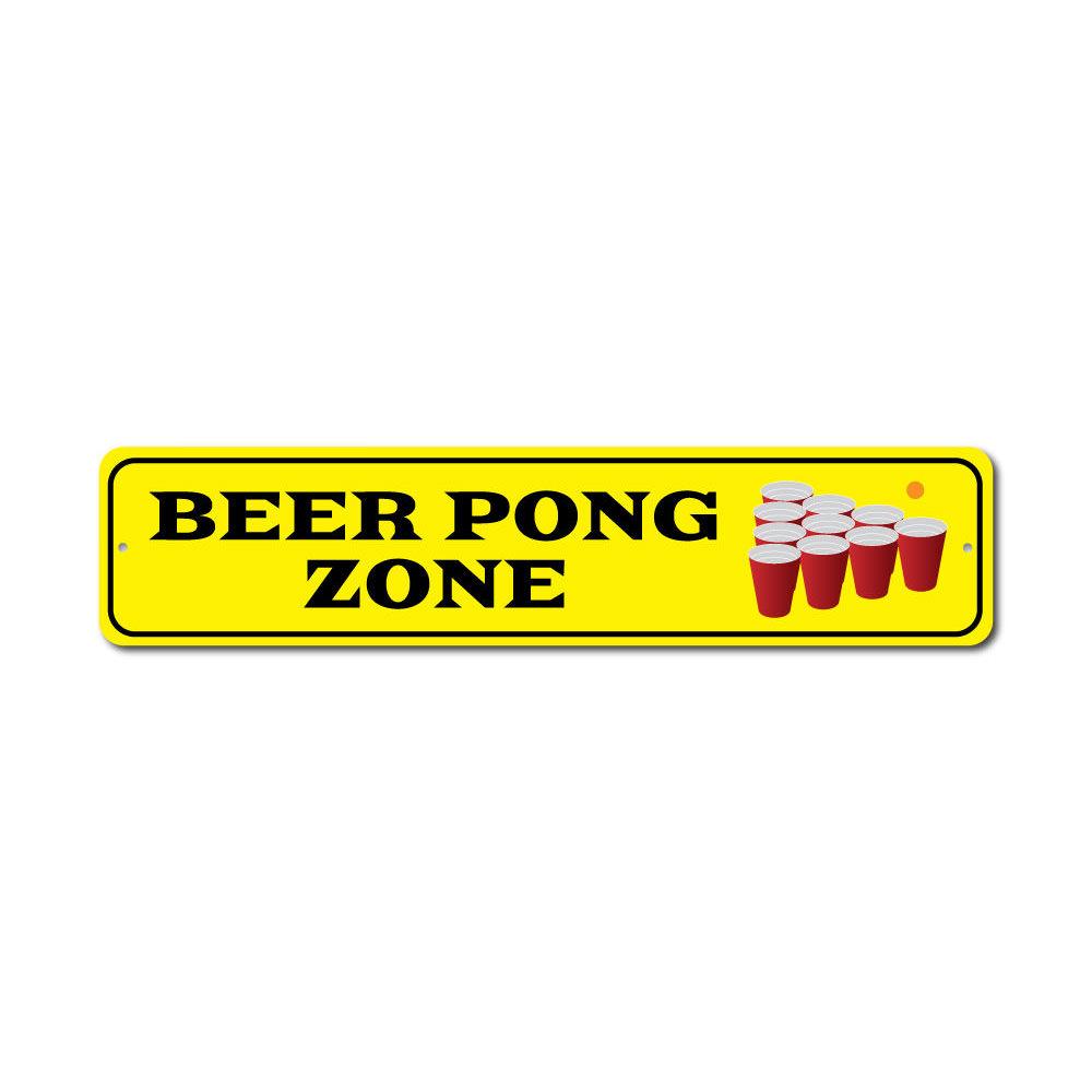 Beer Pong Zone Party Sign made of durable aluminum, featuring vibrant colors and customizable text, perfect for game rooms and parties.
