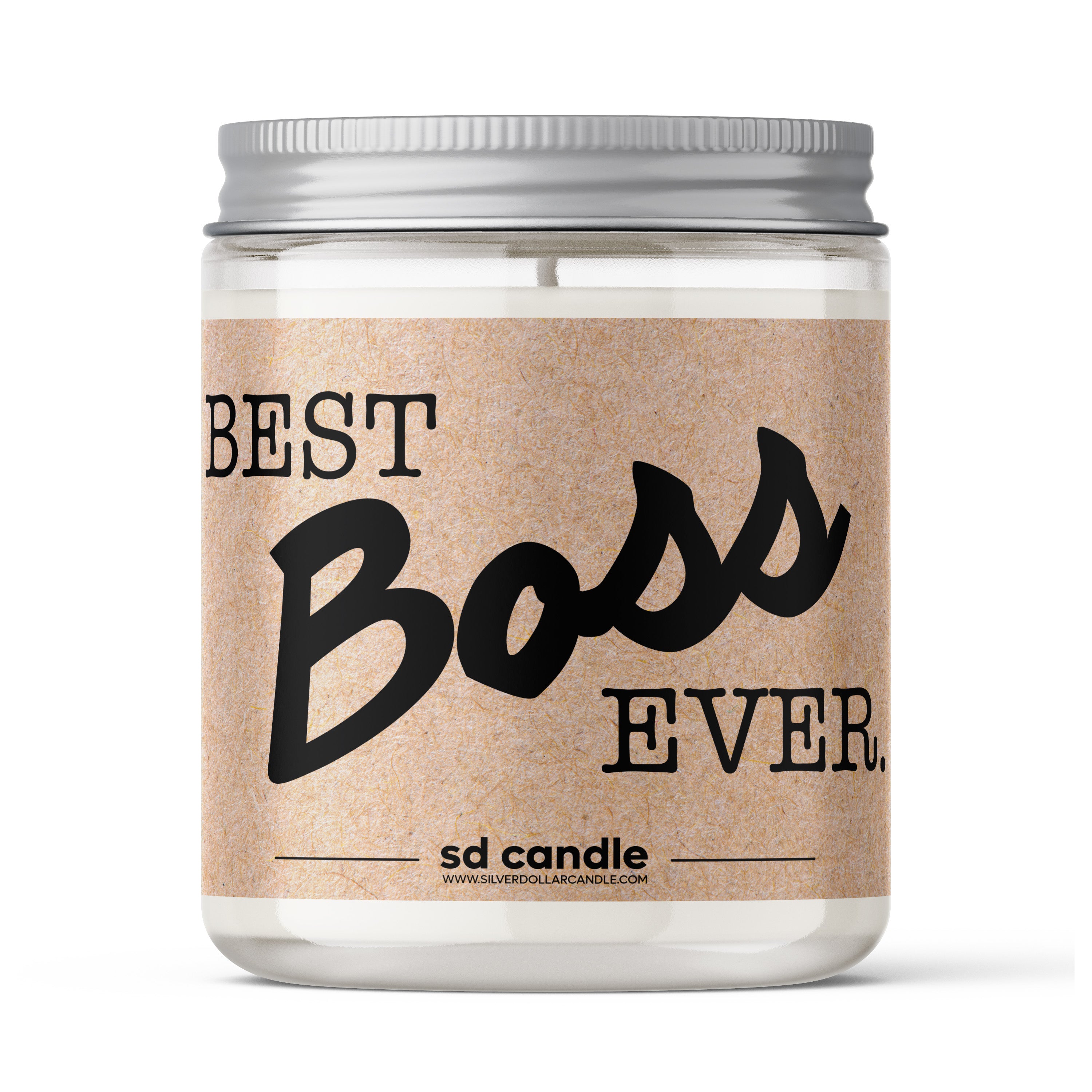 A beautifully crafted 'Best Boss Ever' scented candle in a decorative box, showcasing its elegant design and personalization option.