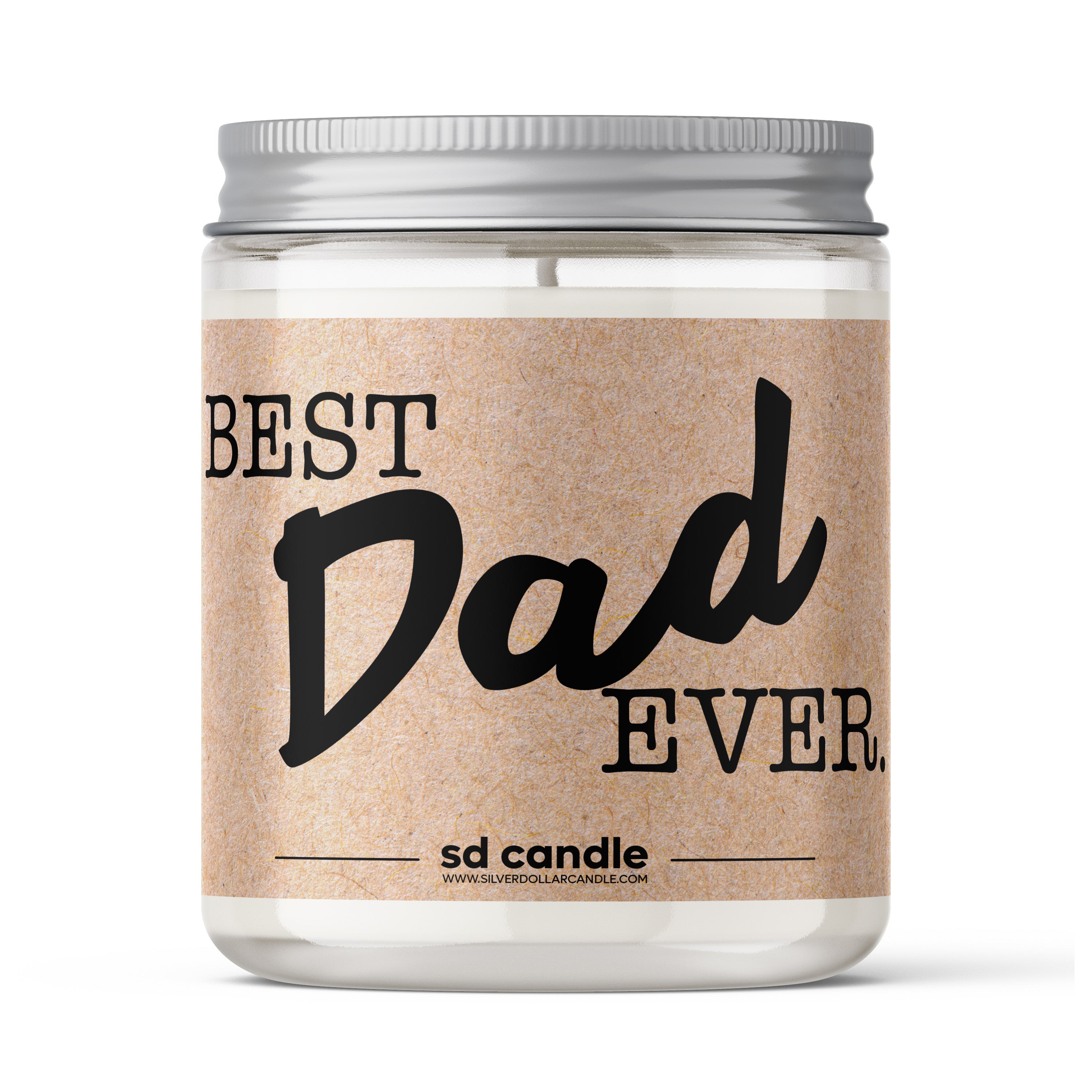 A beautifully crafted 'Best Dad Ever' scented candle in a stylish box, showcasing its natural soy wax and personalized lid.