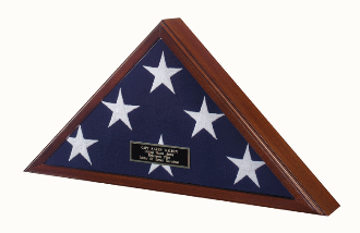 American Made 5ft x 9.5ft Flag Display Case with glass front and walnut finish, showcasing a veteran flag.
