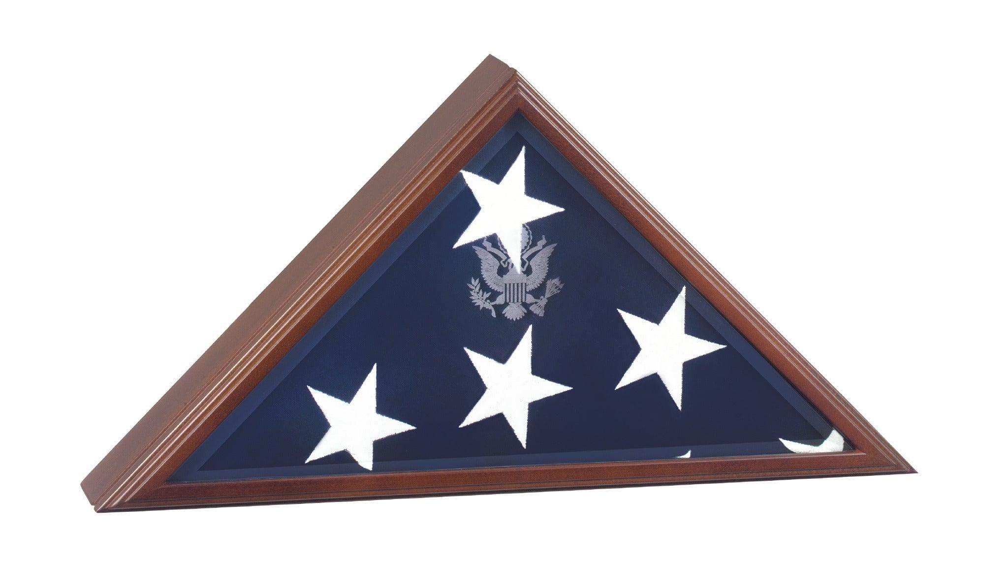 Large American-made flag display case for 5ft x 9.5ft flags, featuring true-mitered corners and a glass front.