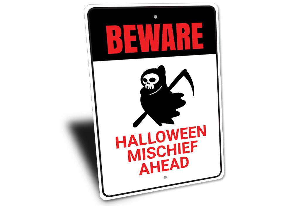 Beware Grim Reaper Sign featuring a spooky design, perfect for Halloween decorations, made from durable aluminum with pre-drilled holes for easy mounting.