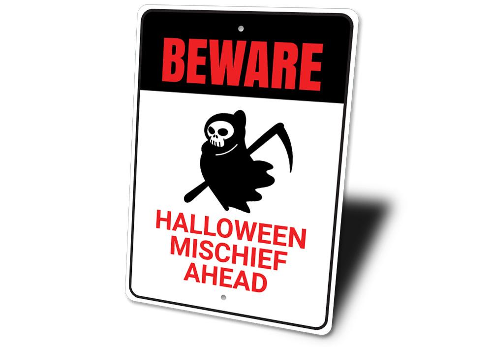 Beware Grim Reaper Sign featuring a spooky design, perfect for Halloween decorations, made from durable aluminum with pre-drilled holes for easy mounting.