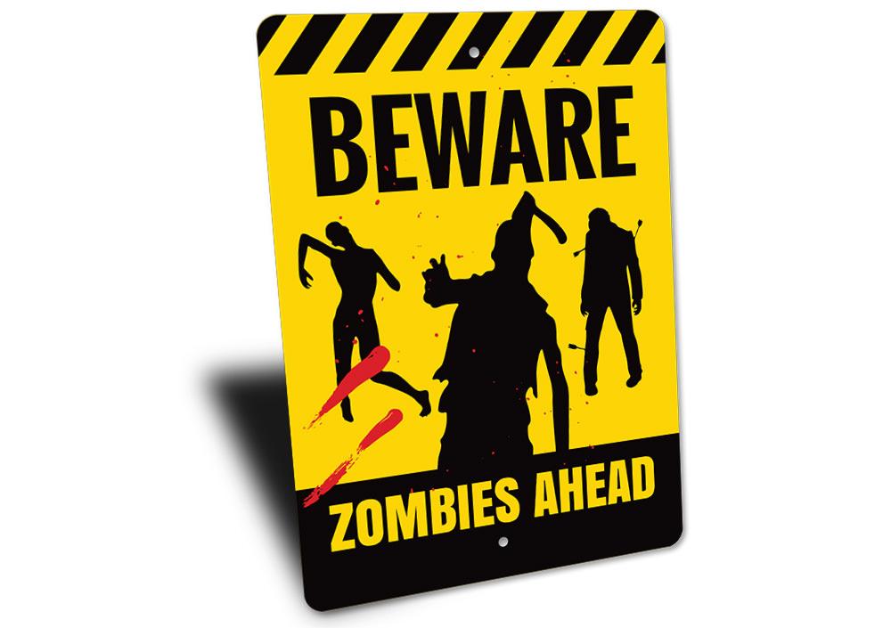 Beware Zombies Ahead Sign made of high-quality aluminum, featuring spooky graphics perfect for Halloween decorations.
