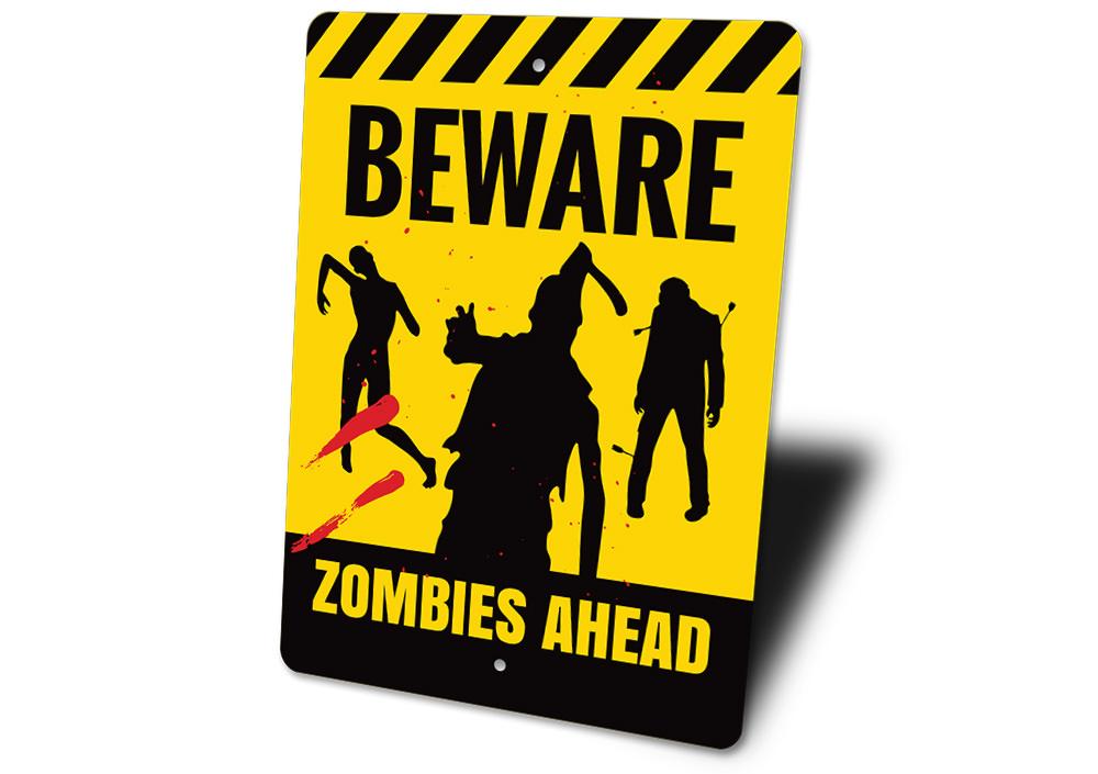 Beware Zombies Ahead Sign made of high-quality aluminum, featuring spooky graphics perfect for Halloween decorations.