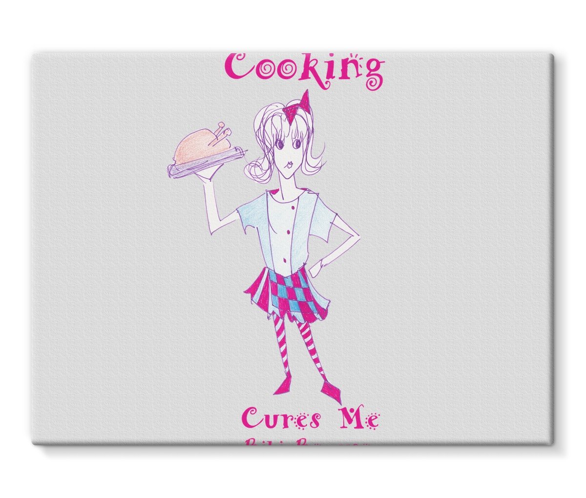 Bibi Because Cooking Cures Me Canvas featuring vibrant cooking-themed artwork on heavyweight poly-cotton fabric.