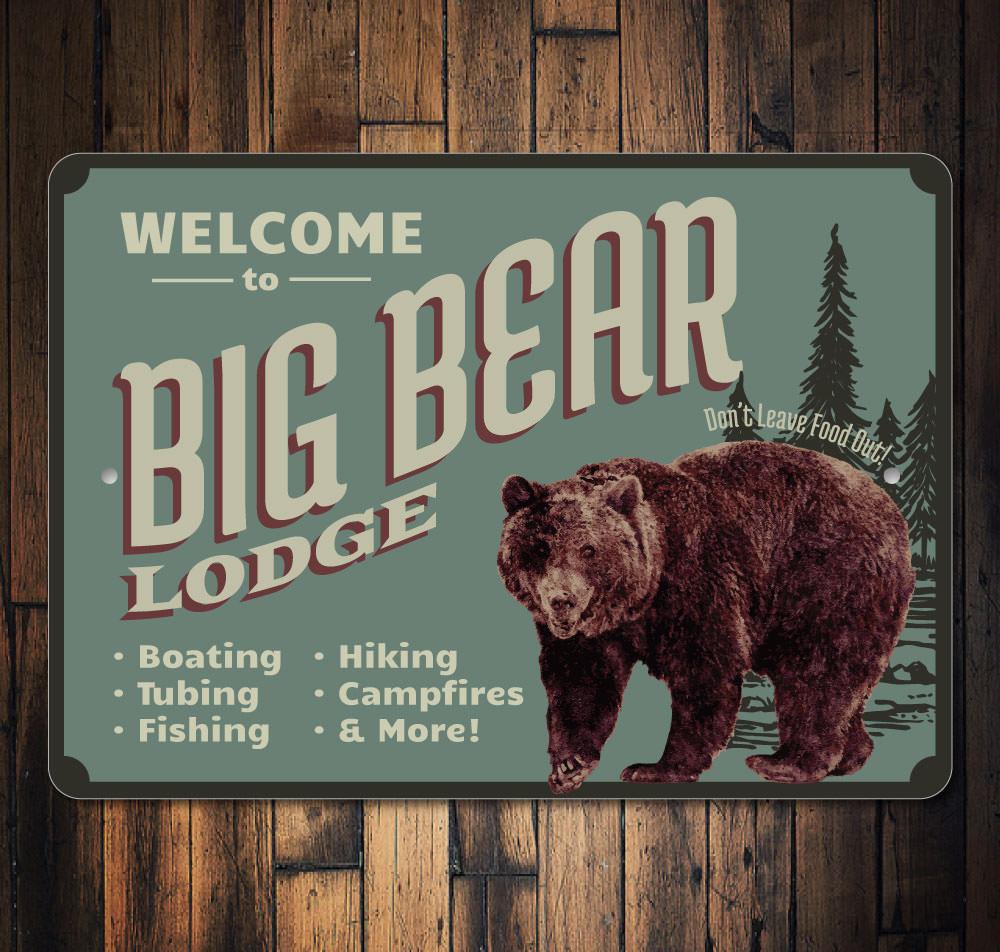 Big Bear Lodge Sign made of high-quality aluminum, featuring a rustic design perfect for lakehouses.