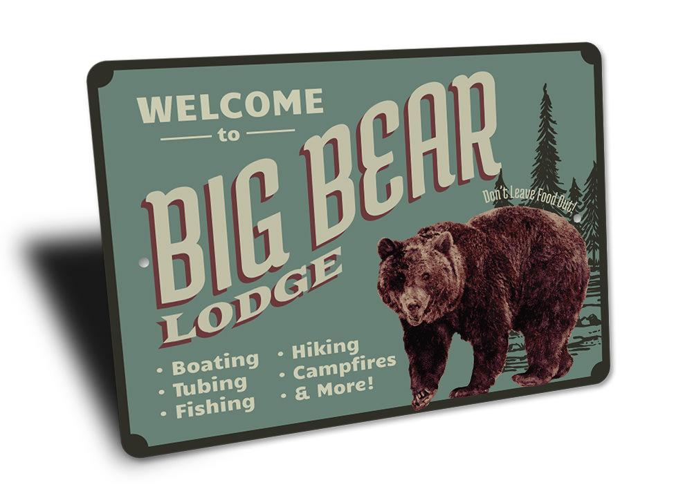 Big Bear Lodge Sign made of high-quality aluminum, featuring a rustic design perfect for lakehouses.
