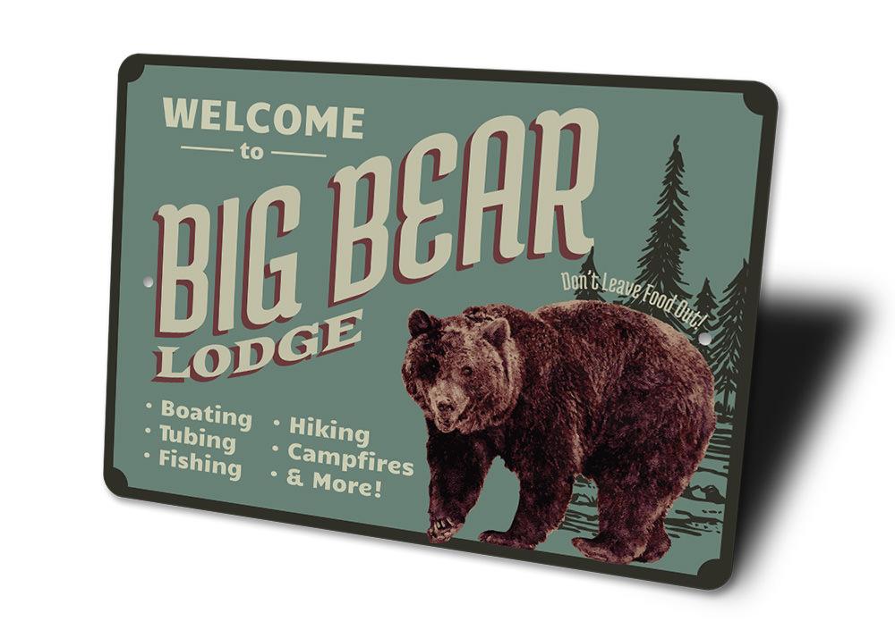 Big Bear Lodge Sign made of high-quality aluminum, featuring a rustic design perfect for lakehouses.