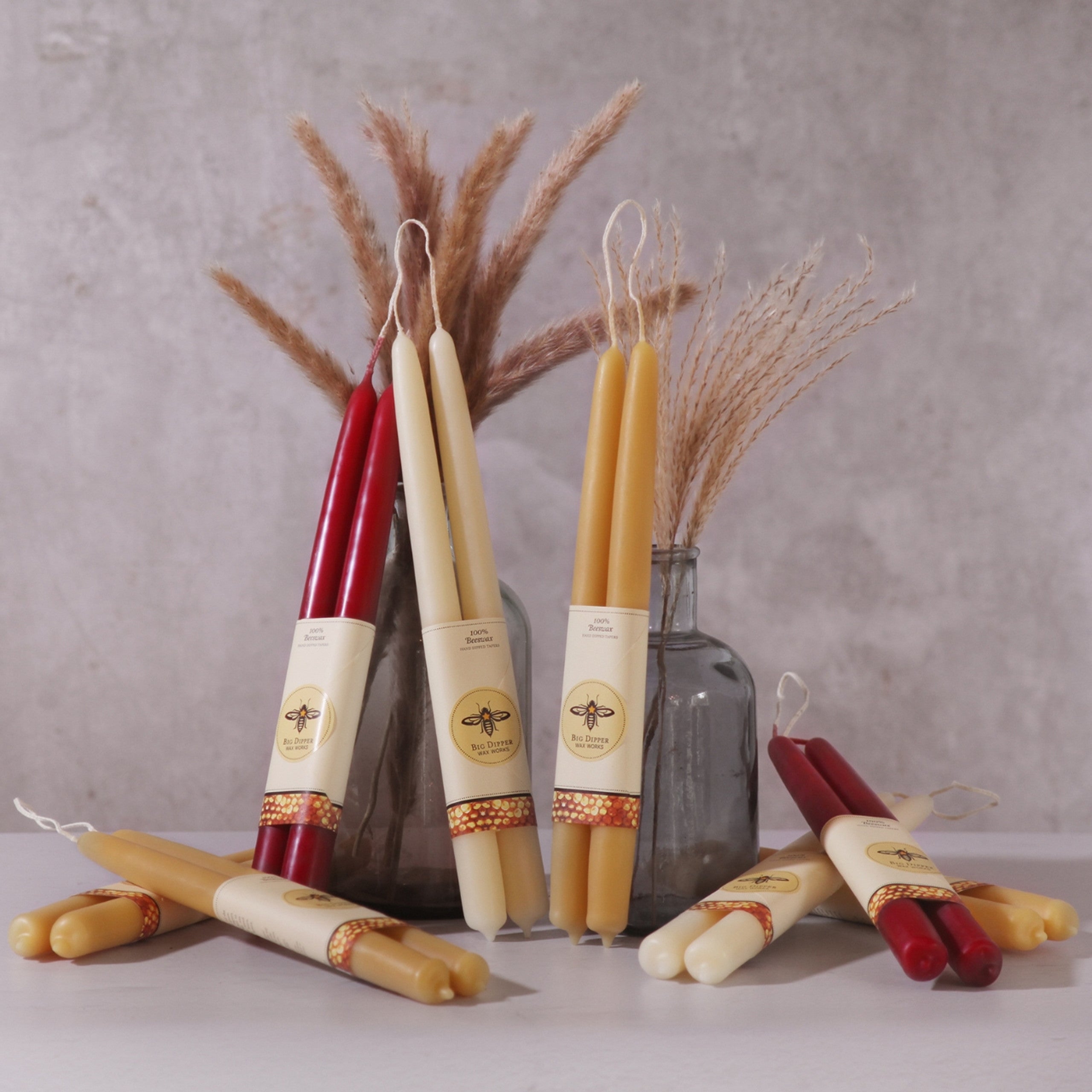 Big Dipper Wax Works 100% Pure Beeswax GRAND Tapers, elegant 15-inch candles with a warm glow, perfect for any occasion.
