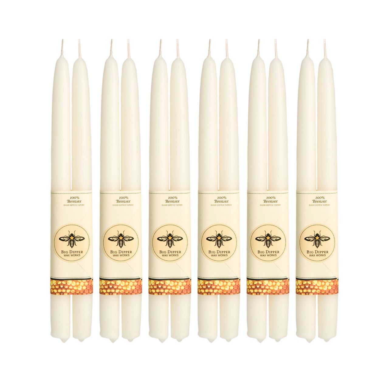 A pair of elegant Big Dipper Wax Works 100% Pure Beeswax STANDARD Tapers, hand-dipped and showcasing a warm golden hue.