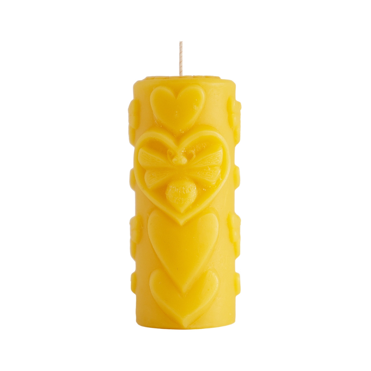 Big Dipper Wax Works Bee-Love Pillar candle, hand sculpted with a bee-in-heart design, made from 100% pure beeswax.