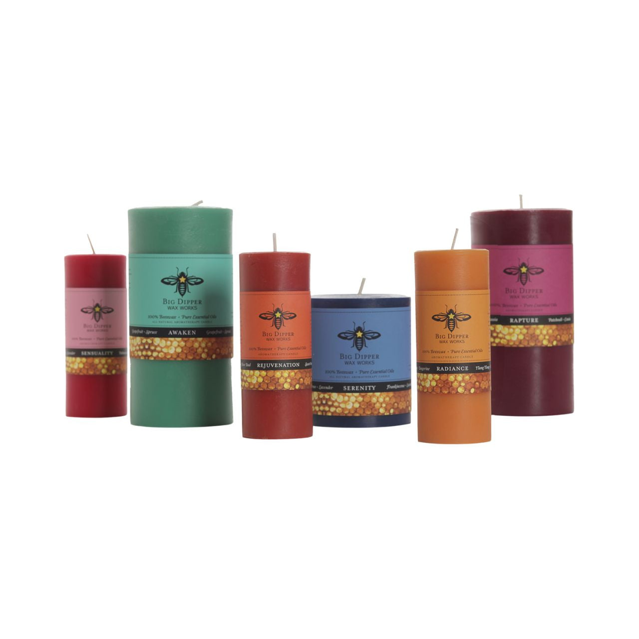 Big Dipper Wax Works Beeswax Aromatherapy Pillars in various colors and sizes, showcasing their natural beauty and essential oil blends.