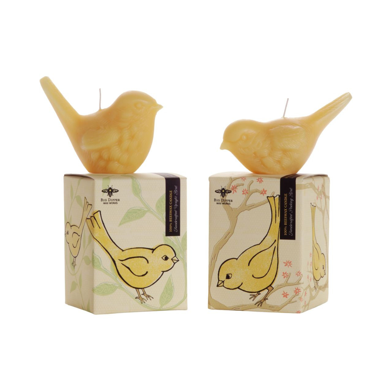Two handcrafted beeswax song bird candles in upright and pecking positions, showcasing intricate details and natural color.