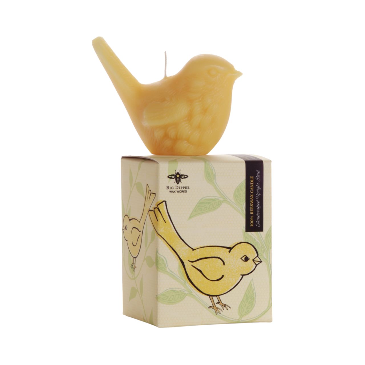Two handcrafted beeswax song bird candles in upright and pecking positions, showcasing intricate details and natural color.