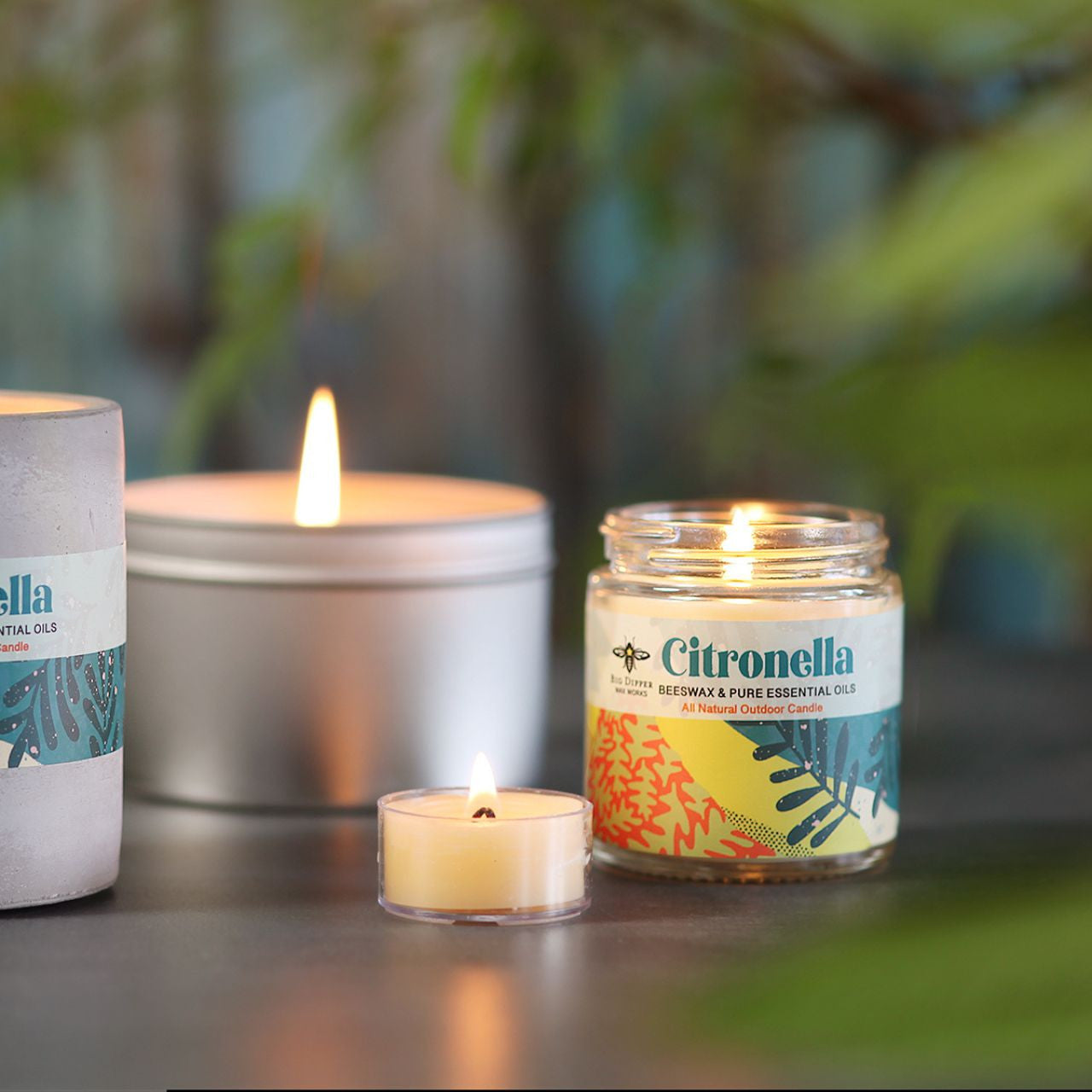 Big Dipper Wax Works Citronella Apothecary Glass candle in a sturdy glass container with a screw-top lid, featuring natural essential oils.