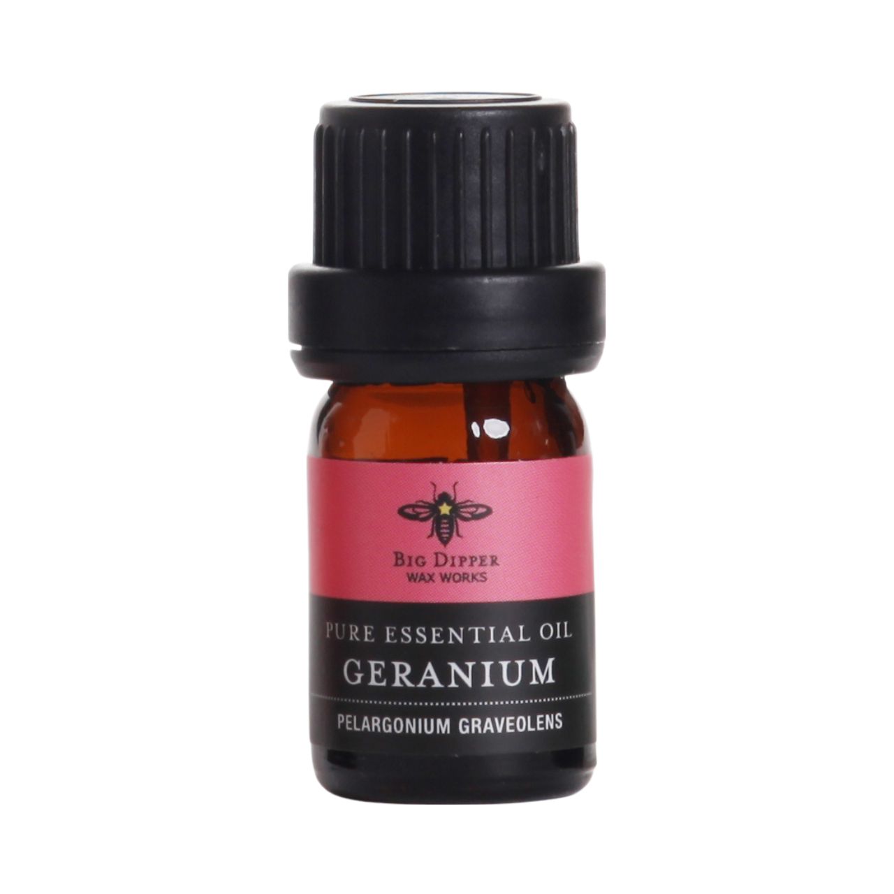 5 ml amber glass bottle of Big Dipper Wax Works Organic Geranium Essential Oil with dropper top, showcasing its herbaceous and rosy aroma.