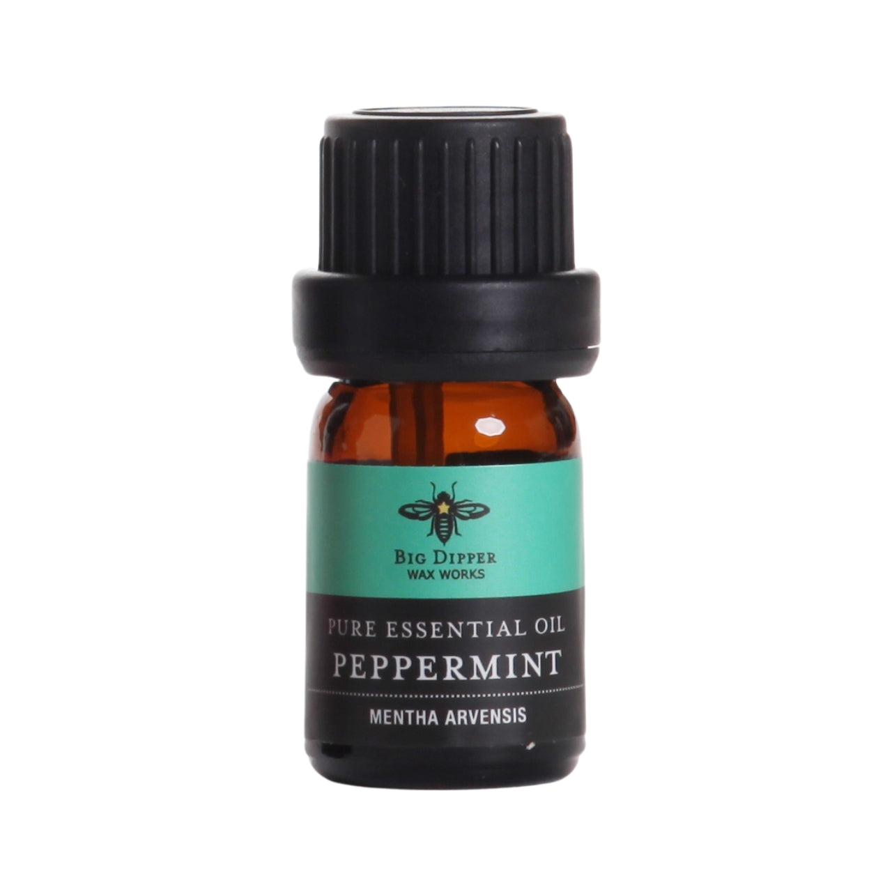 5 ml amber glass bottle of Big Dipper Wax Works Organic Peppermint Essential Oil with dropper top, showcasing its refreshing and invigorating properties.