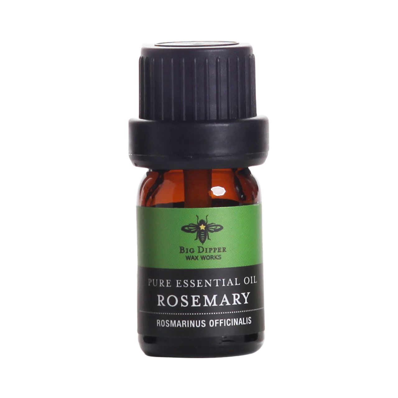 5 ml amber glass bottle of Big Dipper Wax Works Organic Rosemary Essential Oil with dropper top, showcasing its natural herbal essence.
