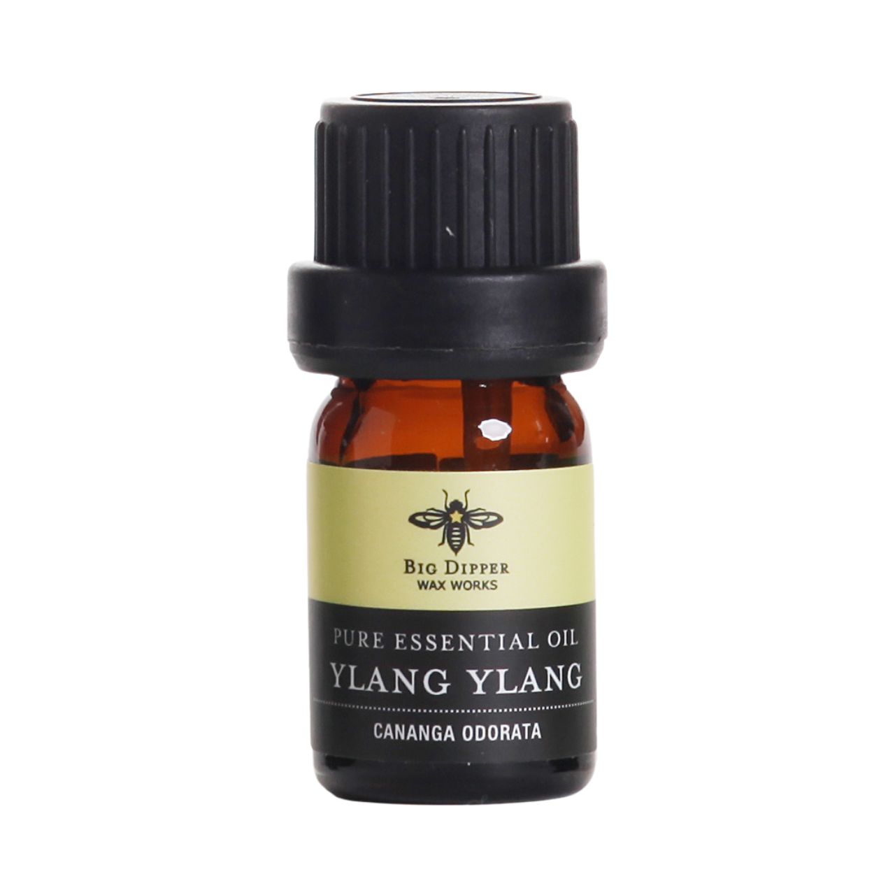 5 ml amber glass bottle of Big Dipper Wax Works Organic Ylang Ylang Essential Oil with dropper top, showcasing its floral essence.