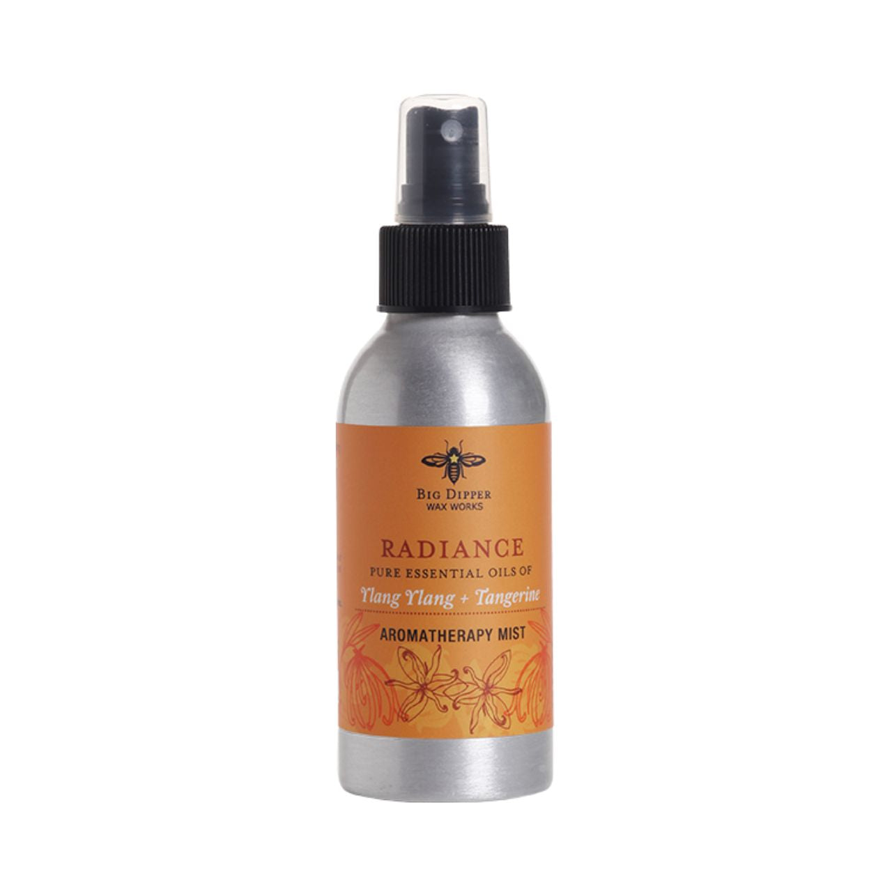 Big Dipper Wax Works Radiance Aromatherapy Mist in a sleek aluminum bottle, showcasing a floral blend of essential oils.