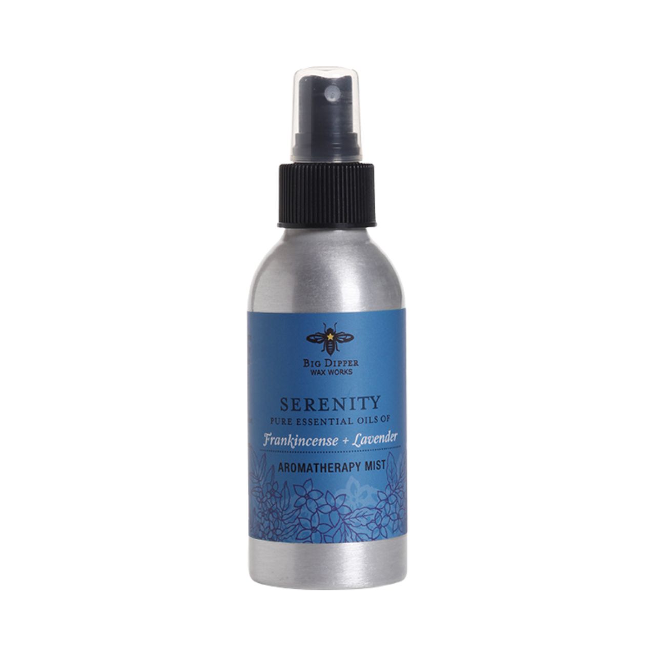 Big Dipper Wax Works Serenity Aromatherapy Mist in a sleek aluminum bottle, showcasing a blend of Lavender, Frankincense, and Clove Bud essential oils.