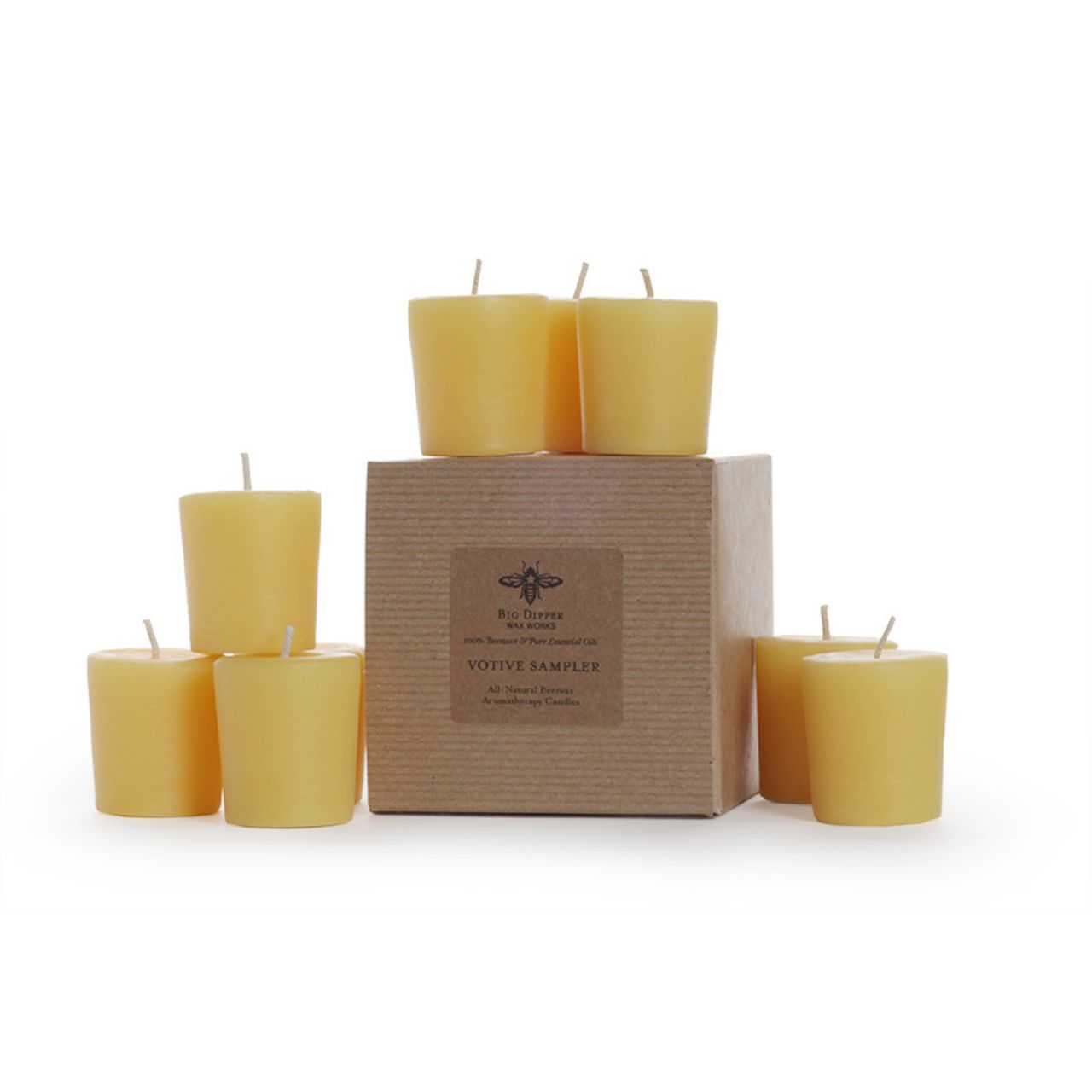 Big Dipper Wax Works Votive Sampler featuring nine colorful beeswax votive candles in various scents, perfect for aromatherapy and mood lighting.