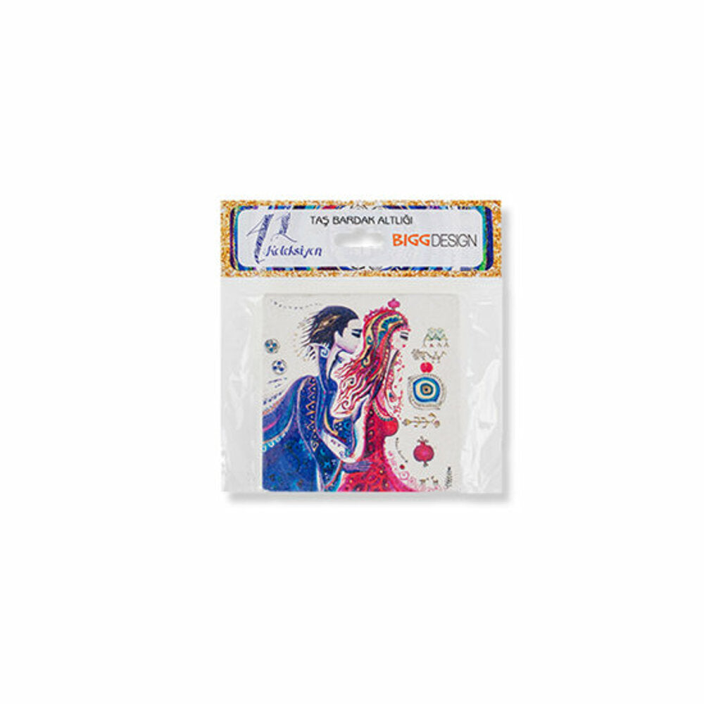 Biggdesign Liebe Glasuntersetzer aus natürlichem Limbra Stein mit romantischem Design von Canan Berber, ideal für Tischschutz.