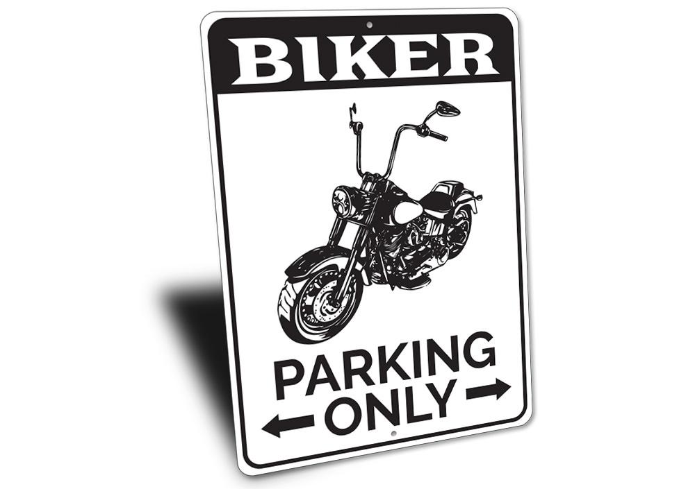 A durable aluminum Biker Parking Sign featuring customizable text, designed for motorcycle parking, with pre-drilled holes for easy mounting.