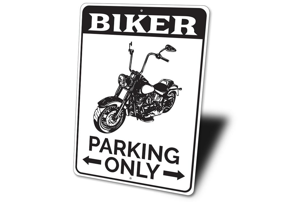 A durable aluminum Biker Parking Sign featuring customizable text, designed for motorcycle parking, with pre-drilled holes for easy mounting.