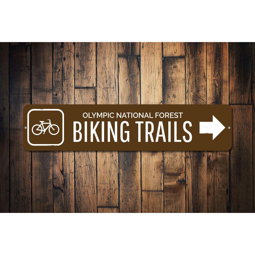Custom Biking Trails Sign made from durable aluminum, featuring personalized text options and pre-drilled holes for easy mounting.