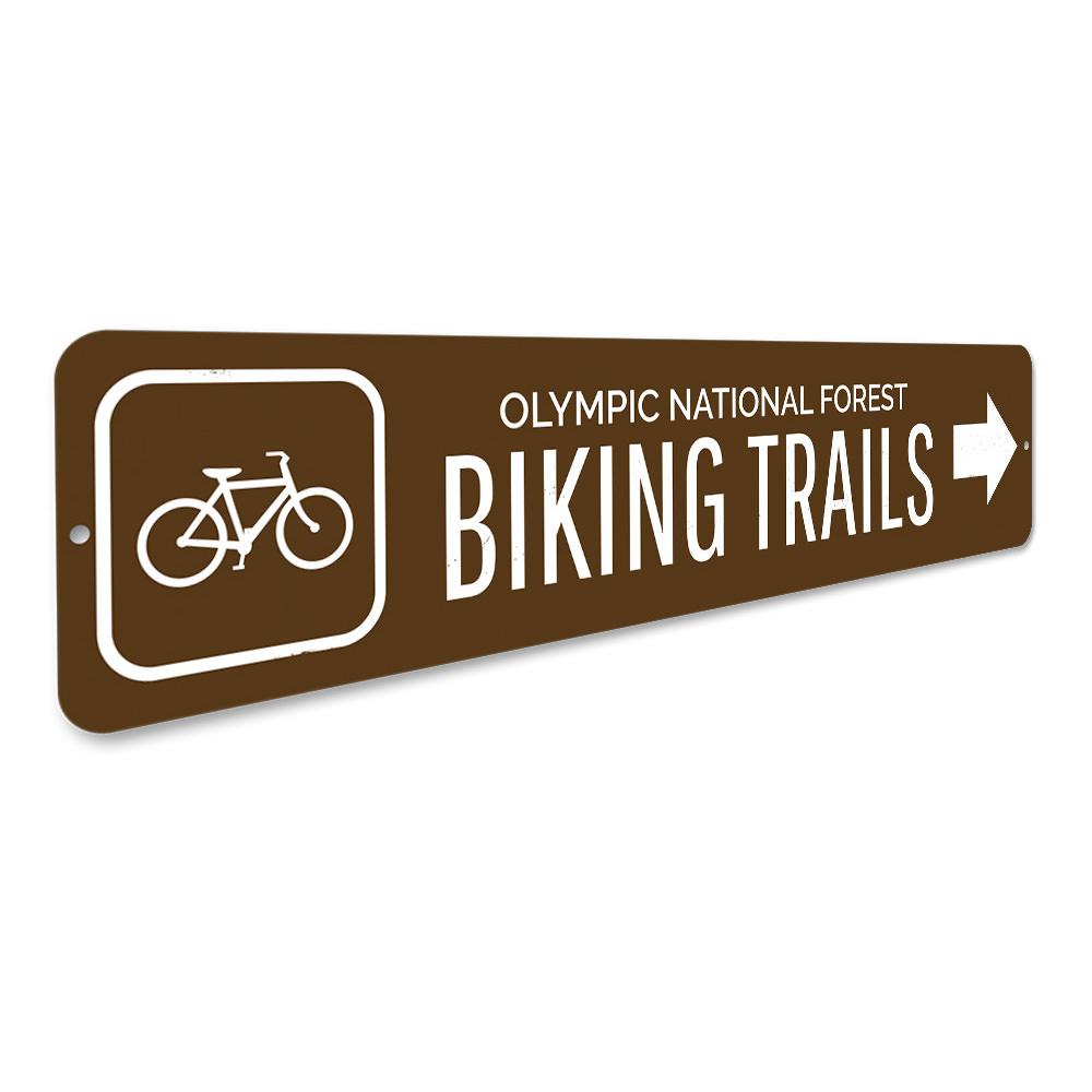 Custom Biking Trails Sign made from durable aluminum, featuring personalized text options and pre-drilled holes for easy mounting.
